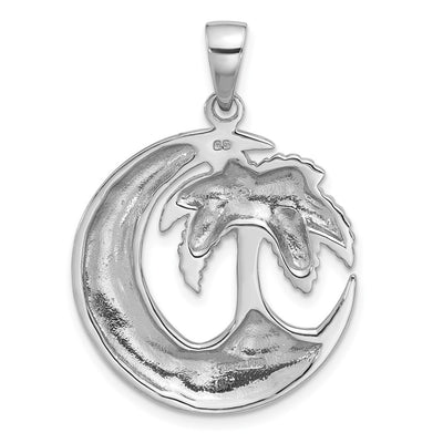 Sterling Silver Rh-Plated Polished Palm Tree with Crescent Moon Pendant