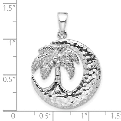 Sterling Silver Rh-Plated Polished Palm Tree with Crescent Moon Pendant