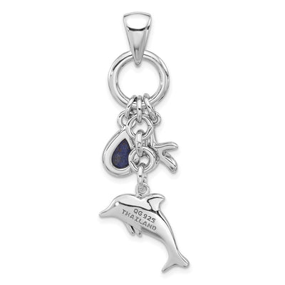 Sterling Silver Rhodium-plated Antiqued Lapis Lazuli Dolphin and Starfish Pendant
