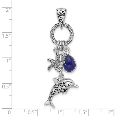Sterling Silver Rhodium-plated Antiqued Lapis Lazuli Dolphin and Starfish Pendant