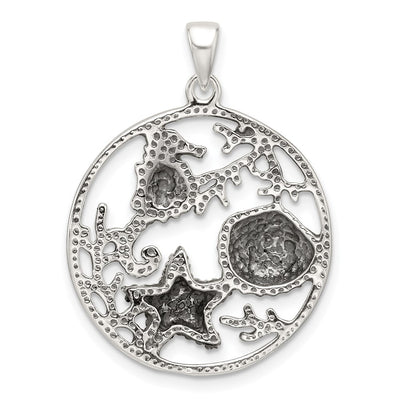 Sterling Silver Polished and Antiqued Sea Life Circle Pendant