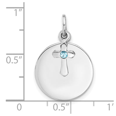 SS Rhodium-plated Circle Disk and Cross with Blue Crystal Pendant