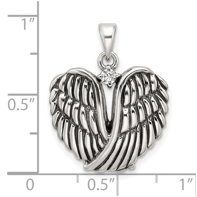 Sterling Silver Polished and Antiqued CZ Angel Wing Heart Pendant