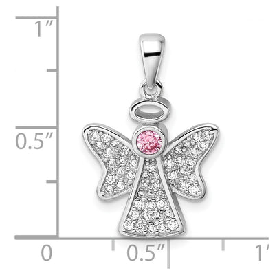Sterling Silver Rhodium-plated Pink and Clear CZ Angel Pendant