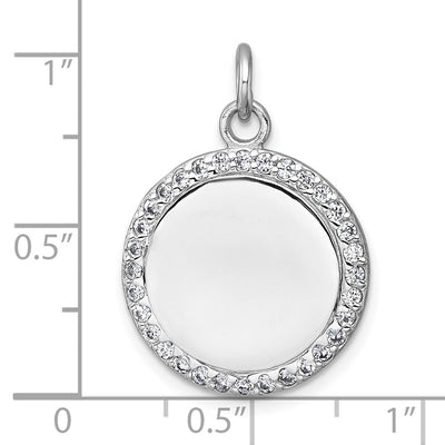 Sterling Silver Rhodium-plated Polished CZ Engraveable Circle Pendant, 26.9 x 19.2mm