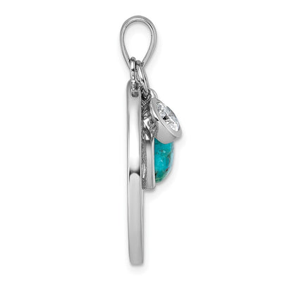Sterling Silver Rhodium-plated Polished CZ and Compressed Turquoise Cabochon Tree of Life Pendant