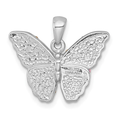 Sterling Silver Rhodium-plated Polished Purple/Green/Black Crystal Butterfly Pendant