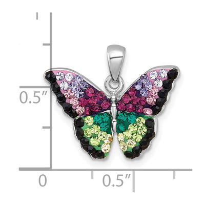 Sterling Silver Rhodium-plated Polished Purple/Green/Black Crystal Butterfly Pendant