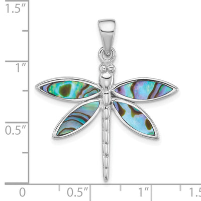Sterling Silver Rhodium-plated Polished Abalone Dragonfly Pendant, 32 x 29.3mm