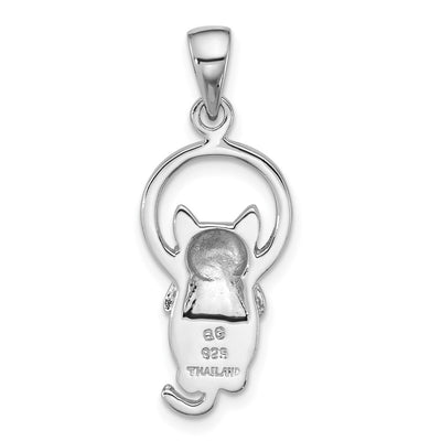 Sterling Silver Rhodium-plated Polished Mother of Pearl Cat Hanging on Ring Pendant