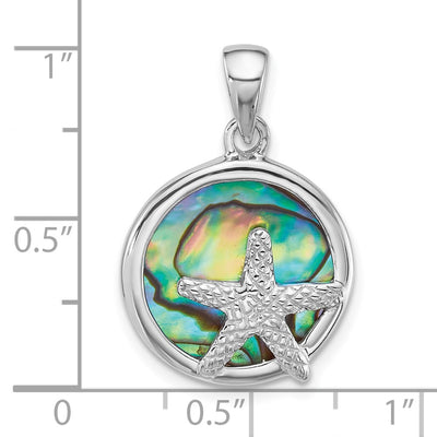 Sterling Silver Rhodium-plated Polished Abalone Circle with Textured Starfish Pendant