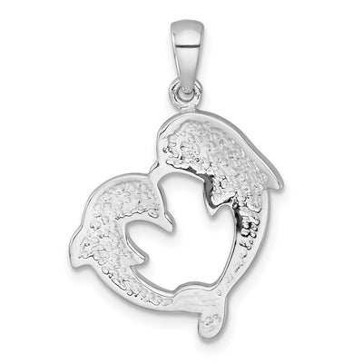 Sterling Silver Rhodium-plated Polished Blue and Black Crystal Dolphins Heart Shape Pendant