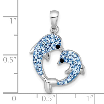 Sterling Silver Rhodium-plated Polished Blue and Black Crystal Dolphins Heart Shape Pendant