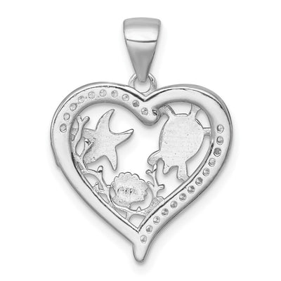 Sterling Silver Rhodium-plated Polished and Textured Blue Lab Created Opal and CZ Sealife Heart Pendant