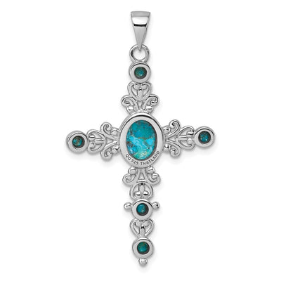 Sterling Silver Rhodium-plated Polished Compressed Turquoise Cabochons Fancy Cross Pendant
