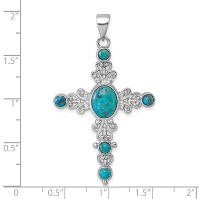 Sterling Silver Rhodium-plated Polished Compressed Turquoise Cabochons Fancy Cross Pendant