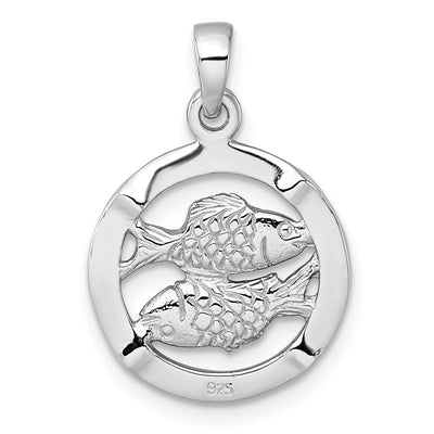 Sterling Silver Rhodium-plated Polished Reversible Pisces Fish in Circle Zodiac Pendant