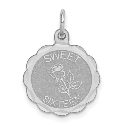 Sterling Silver Rhodium-plated Sweet Sixteen Disc Charm, 23 x 16mm