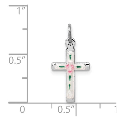 Sterling Silver Platinum-plated Enameled Cross Charm, 17 x 10mm