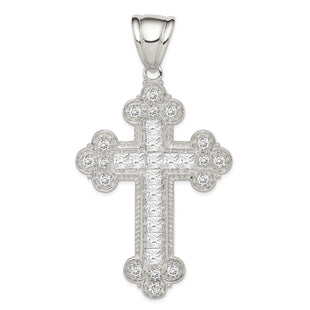 Sterling Silver Rhodium-plated CZ Budded Cross Pendant (Style QC5329)