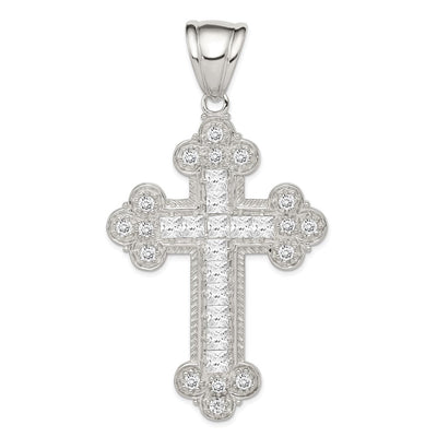 Sterling Silver Rhodium-plated CZ Budded Cross Pendant, 74 x 41mm