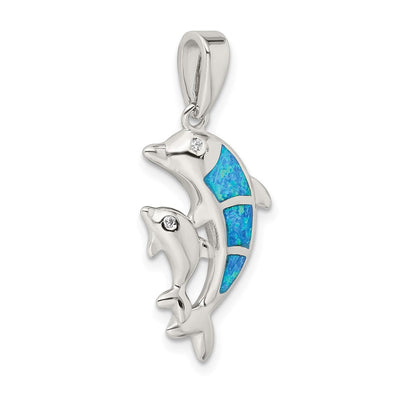 Sterling Silver Rhodium-plated Blue Inlay Created Opal Dolphin Pendant, 33 x 14mm
