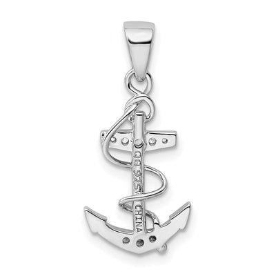 Sterling Silver Rhodium-plated CZ Anchor Pendant, 25.5 x 11.5mm
