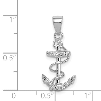 Sterling Silver Rhodium-plated CZ Anchor Pendant, 25.5 x 11.5mm
