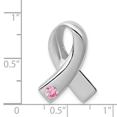 Sterling Silver Rhodium-plated Pink CZ Awareness Ribbon Pendant, 23 x 16mm