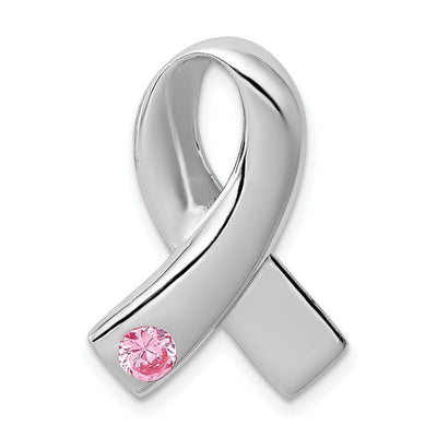 Sterling Silver Rhodium-plated Pink CZ Awareness Ribbon Pendant, 23 x 16mm