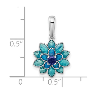 Sterling Silver Rhod-pltd Created Sapphire and Enamel Flower Pendant