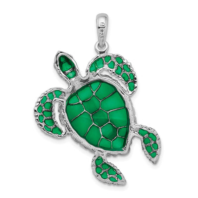 De-Ani Sterling Silver Rhodium-Plated Polished Enameled Green Sea Turtle Pendant, 37 x 30mm