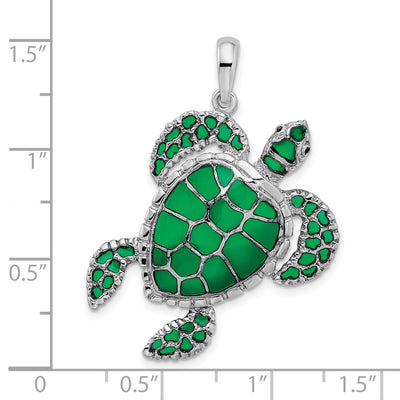 De-Ani Sterling Silver Rhodium-Plated Polished Enameled Green Sea Turtle Pendant, 37 x 30mm