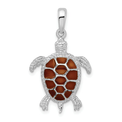 De-Ani Sterling Silver Rhodium-plated Polished Enameled Brown Sea Turtle Pendant