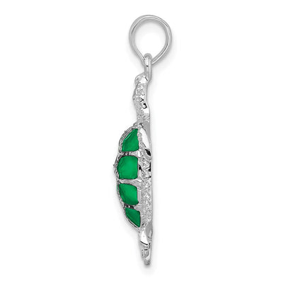 De-Ani Sterling Silver Rhodium-Plated Polished Enameled Green Sea Turtle Pendant, 29 x 18mm