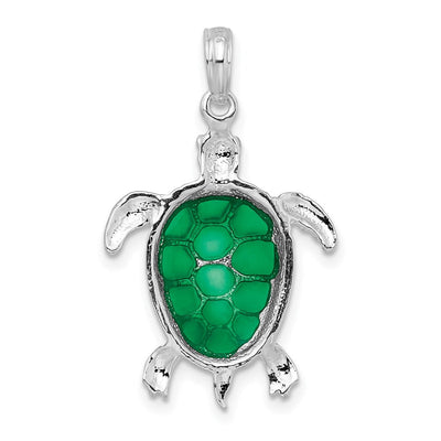 De-Ani Sterling Silver Rhodium-Plated Polished Enameled Green Sea Turtle Pendant, 29 x 18mm