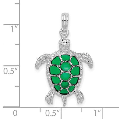 De-Ani Sterling Silver Rhodium-Plated Polished Enameled Green Sea Turtle Pendant, 29 x 18mm