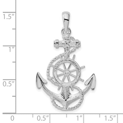 De-Ani Sterling Silver Rhodium-Plated Polished Anchor with Ships Wheel Pendant