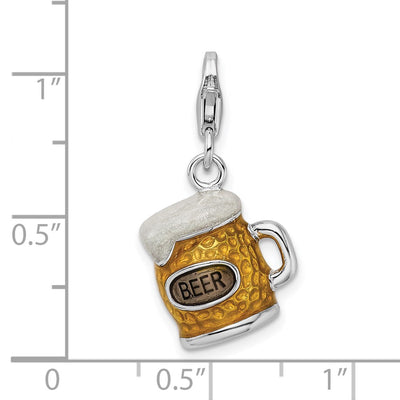 Amore La Vita Sterling Silver Rhodium-plated Polished 3-D Enameled BEER Mug Charm with Fancy Lobster Clasp