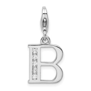 Amore La Vita Sterling Silver Rhodium-plated Polished CZ Letter B Initial Charm with Fancy Lobster Clasp (Style QCC104B)