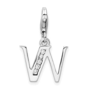 Amore La Vita Sterling Silver Rhodium-plated Polished CZ Letter W Initial Charm with Fancy Lobster Clasp (Style QCC104W)