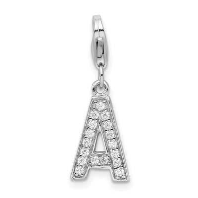 Amore La Vita Sterling Silver Rhodium-plated Polished CZ Letter Initial Charm with Fancy Lobster Clasp, 33 x 8mm