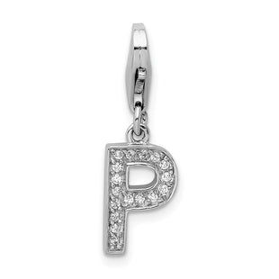 Amore La Vita Sterling Silver Rhodium-plated Polished CZ Letter P Initial Charm with Fancy Lobster Clasp (Style QCC105P)