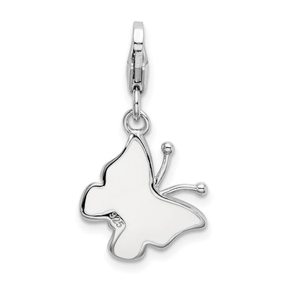 Amore La Vita Sterling Silver Rhodium-plated Polished Pink and White Enameled Butterfly Charm with Fancy Lobster Clasp