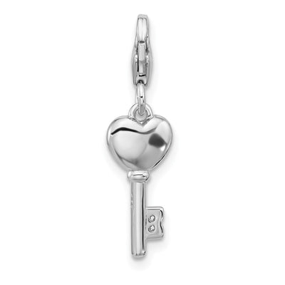 Amore La Vita Sterling Silver Rhodium-plated 3-D Red Enameled Heart Key and CZ Charm with Fancy Lobster Clasp