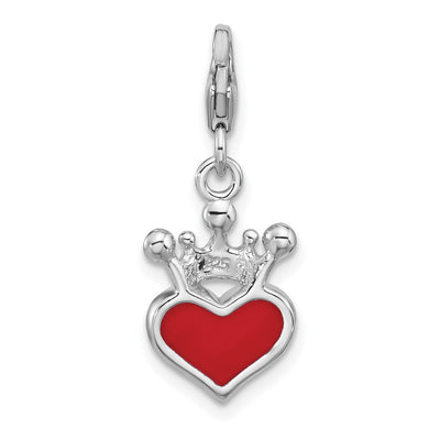 Amore La Vita Sterling Silver Rhodium-plated Red Enameled Heart Wearing Crystal Enameled Pink Crown Charm with Fancy Lobster Clasp