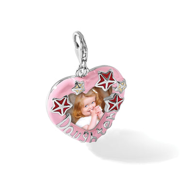 Amore La Vita Sterling Silver Rhodium-plated Pink Enameled Heart with Red and White Enameled Stars and Daughter Photo Frame Charm with Fancy Lobster Clasp