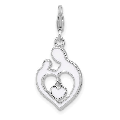 Amore La Vita Sterling Silver Rhodium-plated Mother and Baby Making Heart Shape Holding a Red Enameled Dangle Heart Charm with Fancy Lobster Clasp