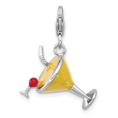 Amore La Vita Sterling Silver Rhodium-plated Yellow Crystal Martini Glass with Red and Yellow Enameled Toppings and Straw Charm with Fancy Lobster Clasp