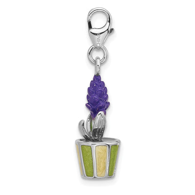 Amore La Vita Sterling Silver Rhodium-plated 3-D Purple Enameled Hyacinth Flower in Green and Yellow Enameled Flower Pot Charm with Fancy Lobster Clasp